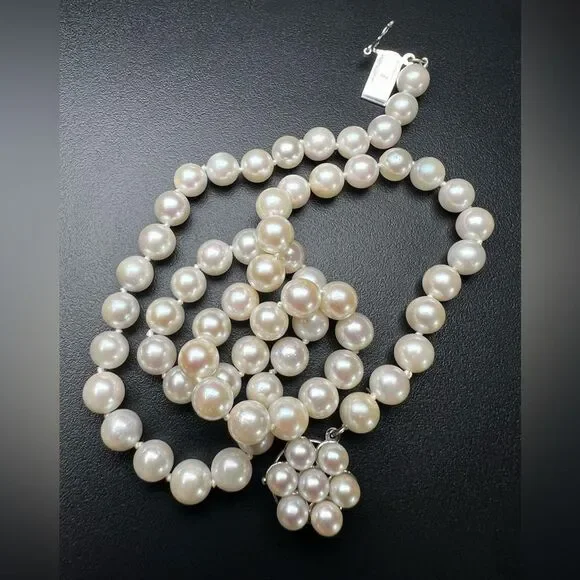 14k wht gold white Akoya pearl 16” choker necklace w/flower clasp, appraised